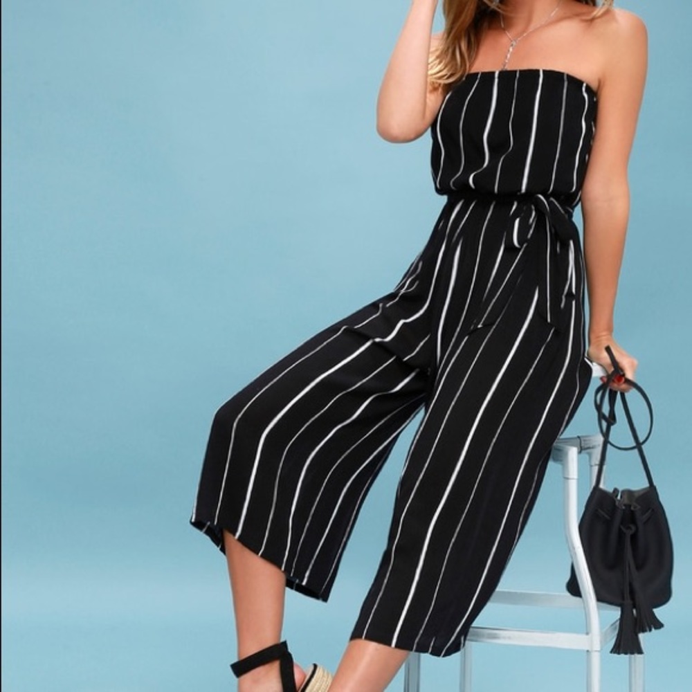 Black Stripped Strapless Midi Jumpsuit